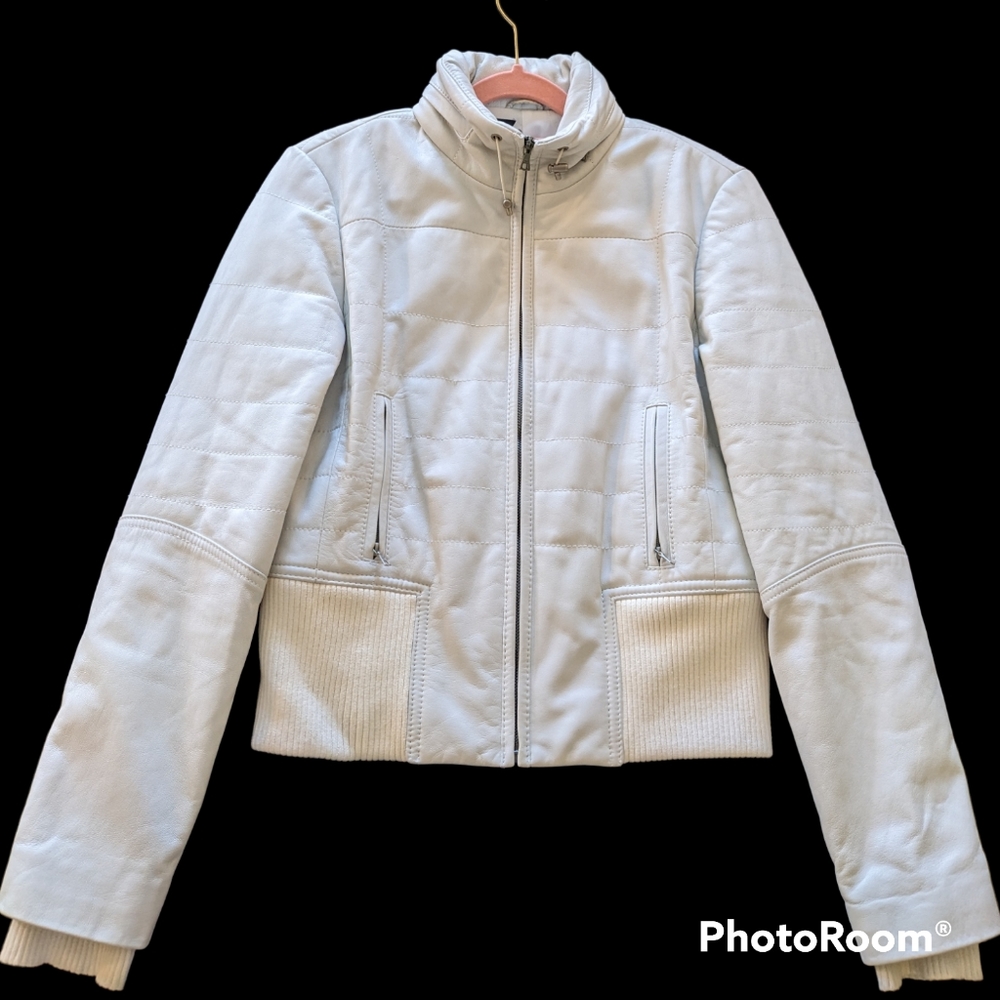 Elie Tahari White Crop Faux Leather Jacket Tuck Hood Size Small